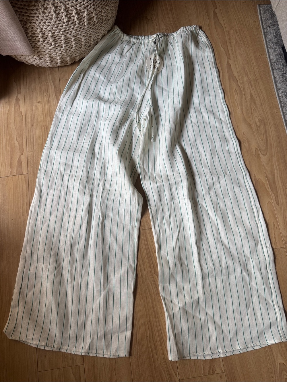 Wide-Leg Striped Drawstring Pants - White with Green Stripes